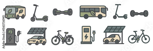 Illustration of sustainable transportation options including electric scooters, bikes, and charging stations