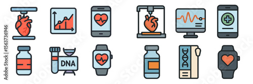 Health technology icons representing medical advancements in heart health monitoring and data analysis