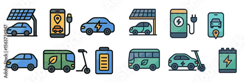 Green transportation icons representing electric vehicles and renewable energy sources for modern mobility solutions