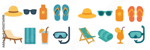 Summer beach essentials including sunglasses, sunscreen, and beach towels arranged neatly on a vibrant background