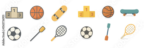 Different sports equipment and medals displayed on a flat surface, symbolizing various athletic activities and competitions