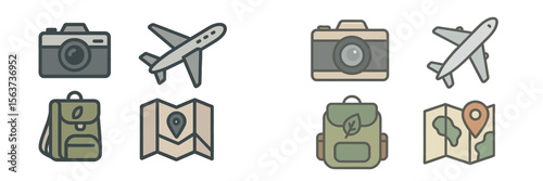 Travel icons including camera, airplane, and backpack for adventure enthusiasts