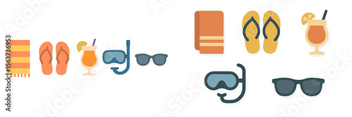 Summer beach essentials include towels, flip flops, and refreshing drinks perfect for relaxation by the ocean