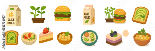 Colorful array of plant-based foods and beverages on a clean background highlighting healthy eating choices