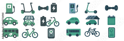 Electric transport icons showcasing various modes like scooters, bikes, and cars with charging themes in a modern design