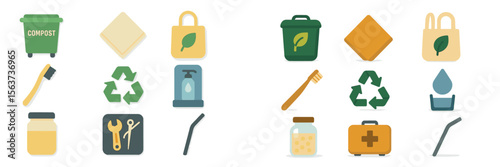 Various eco-friendly items and symbols promoting sustainability in daily life