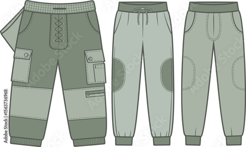 Vector jogger pants flat sketch, technical drawing, cargo details, elastic cuffs, patch pockets, trendy streetwear fashion template design. flat vector illustration