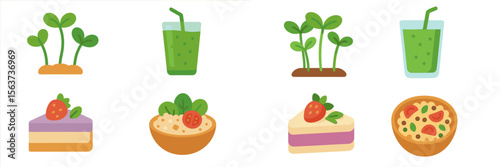 Variety of healthy foods and drinks with fresh ingredients in a colorful display of vibrant dishes