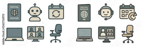 Icons representing the lifestyle of digital nomads featuring technology, remote work, and travel elements