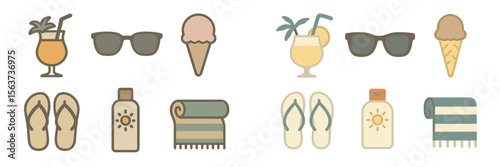 Summer vacation essentials include drinks, sunglasses, flip flops, and sunscreen for a fun day at the beach