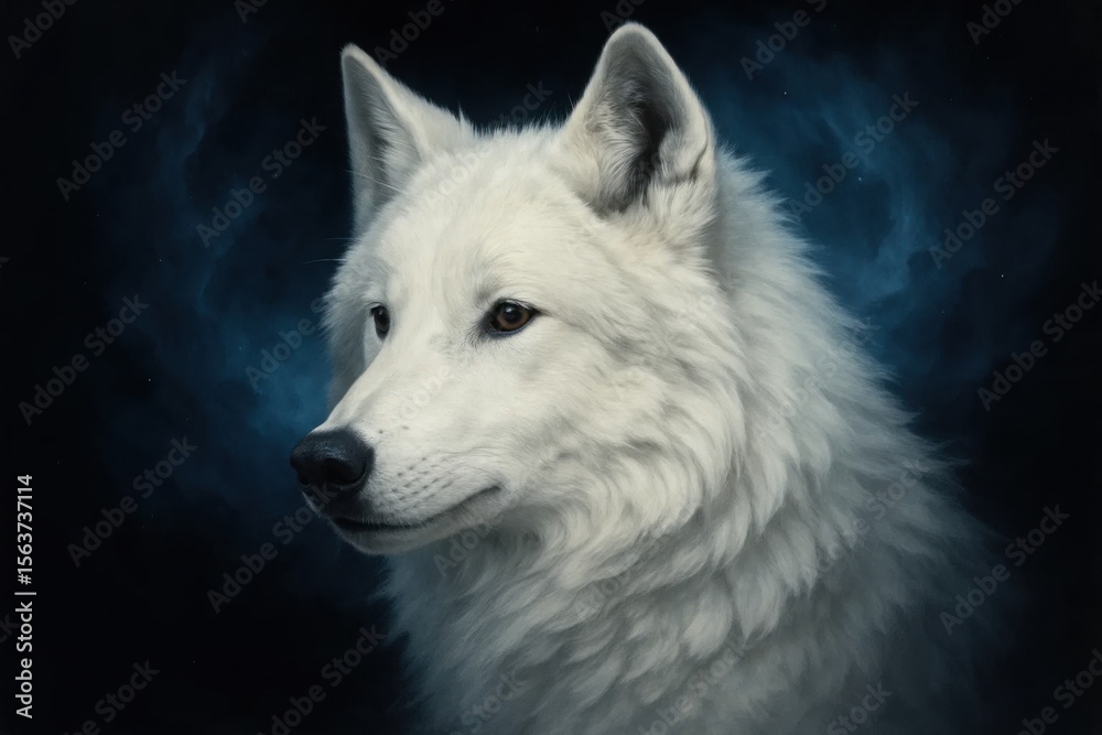 Obraz premium A white wolf is staring at the camera with a black background