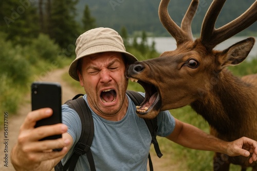 A man taking a selfie with a deer in the background
