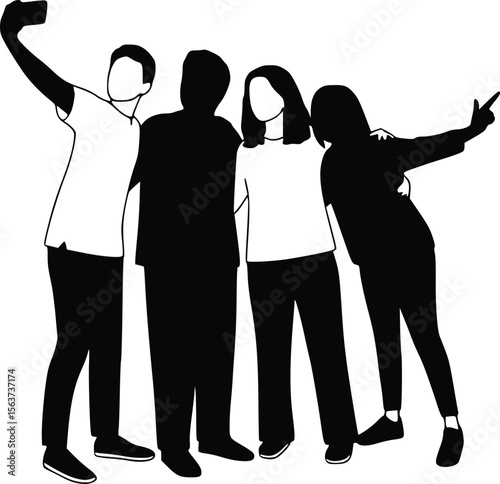 Silhouette of four people standing together in dynamic, expressive group poses