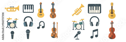 Musical instruments and equipment arranged in a flat lay design for educational and artistic purposes