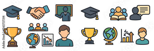 Educational icons illustrating learning, achievement, and collaboration in a modern classroom environment