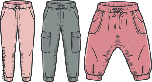 Vector jogger pants illustration, cargo and drop-crotch styles, elastic waist, drawstring detail, fashion flat sketch for garment design. flat vector illustration
