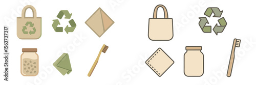 Items for sustainable living include reusable bags, recycled materials, and eco-friendly products helpful for an environmentally conscious lifestyle