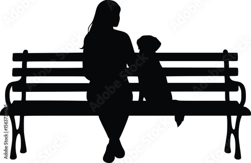 Silhouette of an adult sitting on a bench with arm around a dog, showing companionship