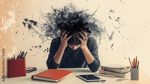 Creative abstract template collage of tired student chaos thoughts nervous overthinking surrealism metaphor psychedelic unusual fantasy 