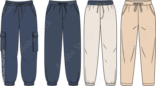 Jogger pants vector illustration, flat fashion sketch, elastic waistband trousers, drawstring design, cargo style, comfortable streetwear clothing. flat vector illustration