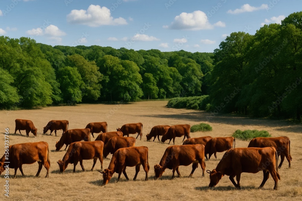 Fototapeta premium A herd of cows grazing in a field with trees in the background