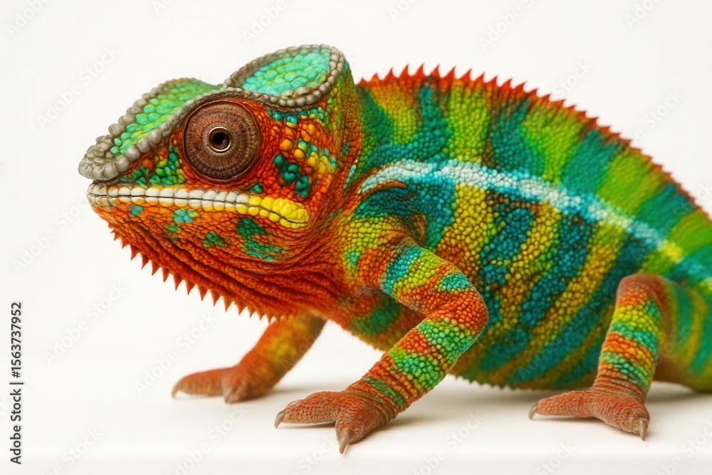 Obraz premium A colorful chameleon is sitting on a white surface