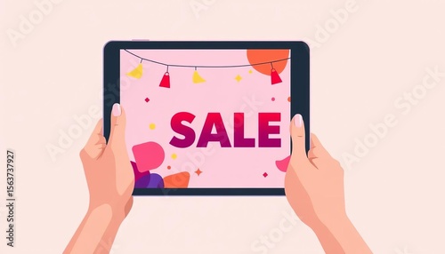 Flat style vector illustration of a hand holding a tablet displaying a sale banner poster,  business,   mobile