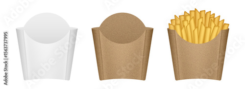 French fries box mockup. White and brown kraft paper packaging for fast food products