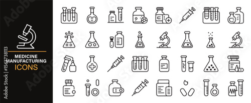 Collection of laboratory research icons, including test tubes, syringes, and microscopes, great for science and healthcare projects.