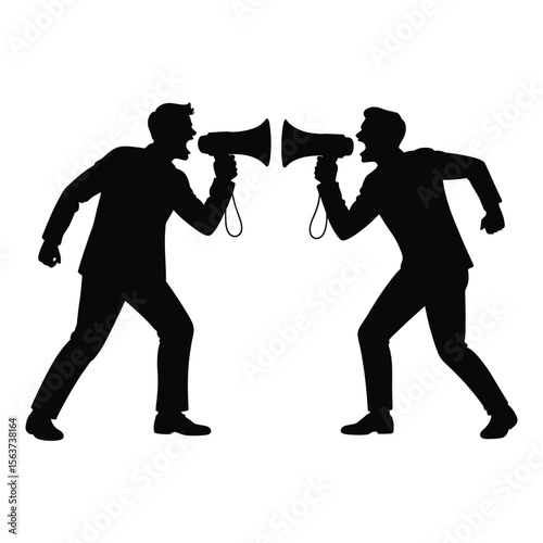 Two Men Silhouettes Arguing Loudly Using Megaphones Black and White Vector Illustration