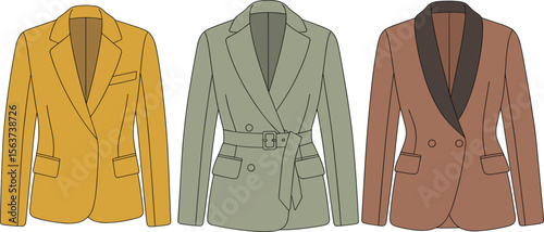 Vector illustration of fashionable blazers for women, flat technical sketch of stylish outerwear designs, perfect for formal and casual occasions. flat vector illustration