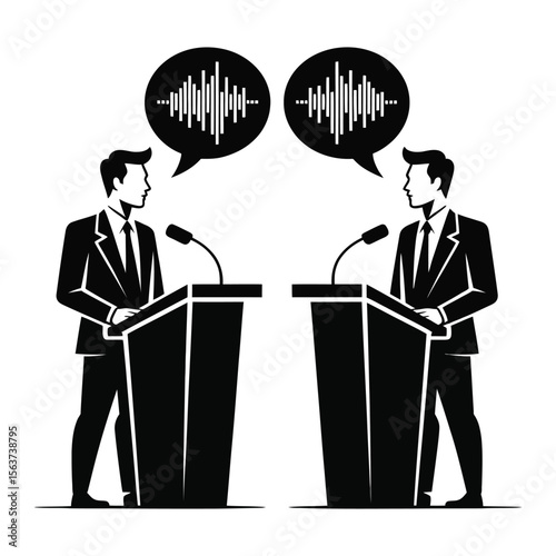 Two Men in Suits Giving Speeches at Podiums with Soundwave Speech Bubbles debate