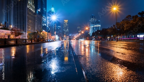 city lights reflect on rain slicked streets at night