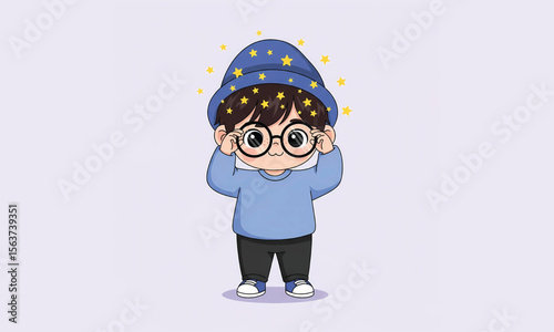 Adorable Vector Illustration Starry-Eyed Boy in Blue