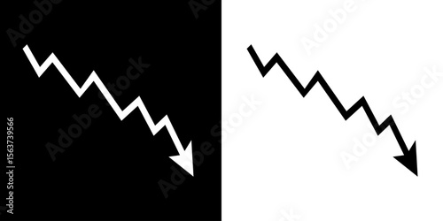 Black and white Down fall trend arrow graph, Black and white arrow chart graph in downward direction, concept of stock market fall, financial loss.