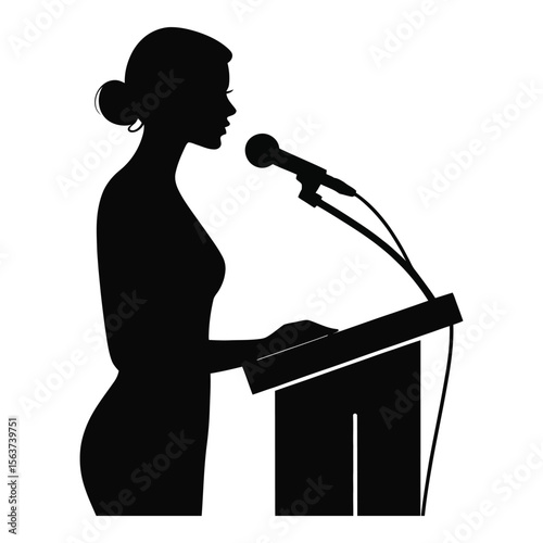 Woman Silhouette Speaking at Podium Black and White Speaker Presentation female