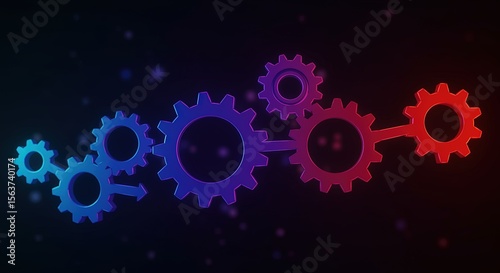 Abstract Gear System Interconnected Cogwheels in Vibrant Blue and Red