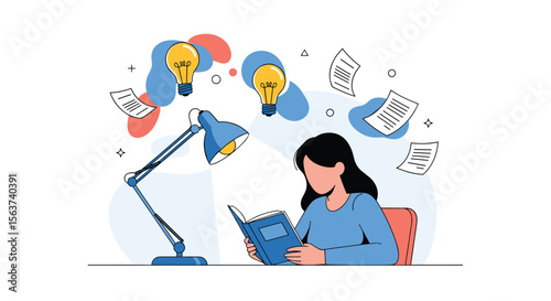 Creative Person Studying Late Night Under Desk Lamp Surrounded by Ideas and Papers Floating Around