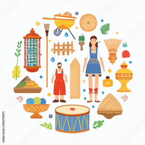 Colorful illustration of a diverse collection of objects arranged in a circular design