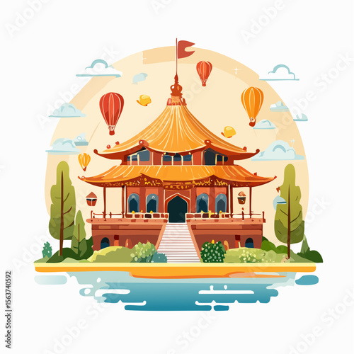 Colorful illustration of an Asian-style pagoda with hot air balloons in a scenic setting