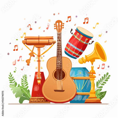 Colorful illustration of various musical instruments with musical notes and leaves
