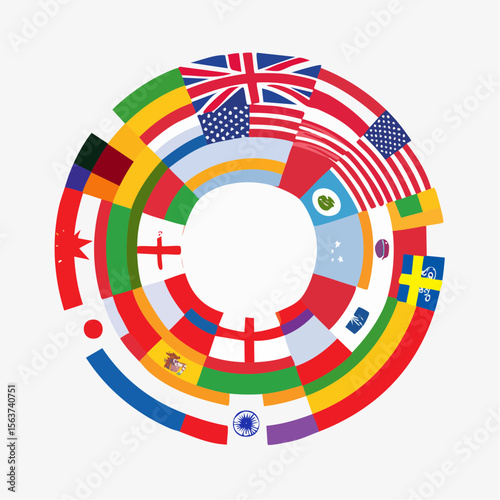 Colorful ring of various international flags in a vibrant, abstract, and symbolic design