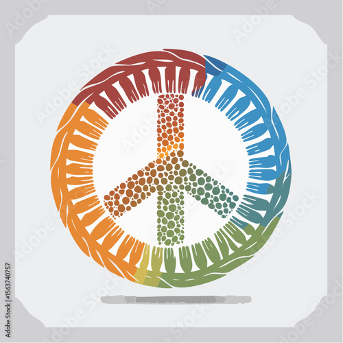 Colorful peace symbol illustration composed of hands and circles on a light background