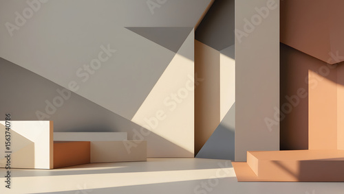 4K geometric wallpaper with clean lines, soft shadows, and subtle 3D depth, neutral colors (sand, ash, muted clay), balanced modern layout, very minimal with structure, productivity aesthetic