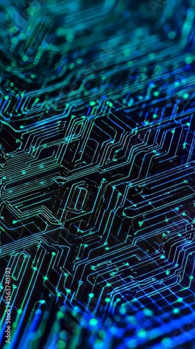 Futuristic Circuit Grid: Blue-Green Digital Art in Modern Tech Design 