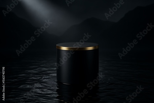 Black cylinder podium with gold rim on dark water, mountains in background