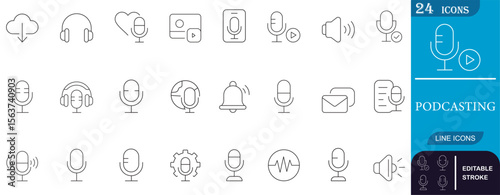 Minimal line icons for podcasting and audio content creation. Includes mic, headphones, sound, playlist, notification, and waveform symbols. Perfect for digital media.