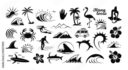 Retro Surf Collage: Tropical Elements in Black & White