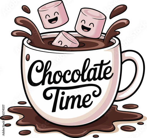 Cartoon Hot Chocolate Mug with Marshmallows and Splashes, Featuring "Chocolate Time" Text isolated on transparent background