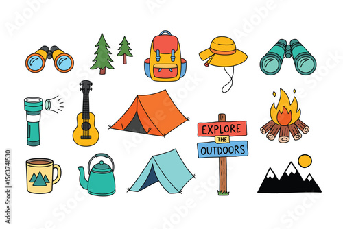 Colorful Camp Life Illustration Collection – Gear, Nature & Exploration